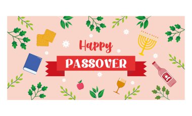 Paskalya tebrik kartı şablonu afişi. Matza, şarap şişesi, mumlar, kitaplar, bahar çiçekleri olan Pesach posteri. düz vektör modern illüstrasyon