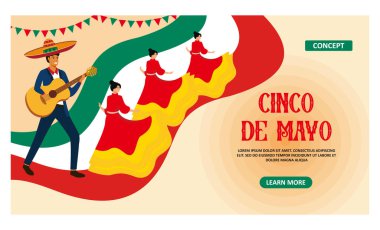 Erkekler ve kadınlar Cinco de Mayo vesilesiyle geçit törenine katılırlar. düz vektör modern illüstrasyon