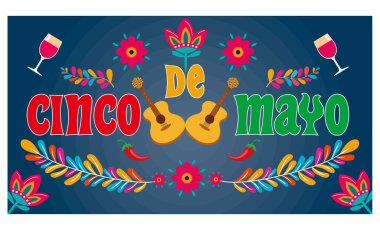 Cinco de Mayo 5 Mayıs, Meksika 'da federal tatil. Fiesta afişi ve bayraklı, çiçekli, süslemeli poster tasarımı. düz vektör modern illüstrasyon