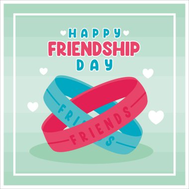 Arkadaşlığı simgeleyen iki bilezikli mutlu arkadaşlık günü kartı. düz vektör modern illüstrasyon