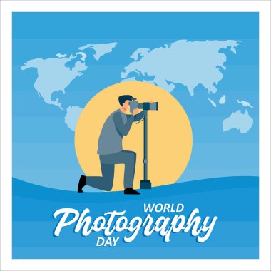 Dünya Harita Arkaplanlı Dünya Fotoğraf Günü, fotoğrafçı fotoğraf çekiyor. düz vektör modern illüstrasyon