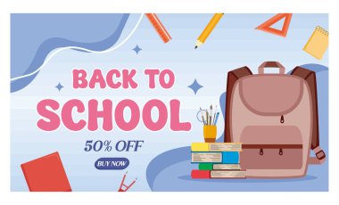 Sırt çantaları, kitapları, saati ve masa lambasıyla kalemleri olan okul pankartına. düz vektör modern illüstrasyon