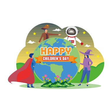 Dünyanın her yerindeki çocuklar süper kahramanlar, astronotlar, korsanlar, büyücüler ve peri masalı prensesleri gibi giyinirler. düz vektör modern illüstrasyon