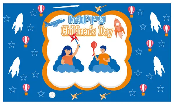 stock vector Happy Children's Day with boy and girl playing with toys on background. flat vector modern illustration