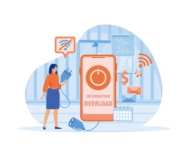 Bilgi detoksu. Bilgi yüklemesi. Küçük kız kendini bilgi akışından ve akıllı telefonu kapatan haberlerden koruyor. düz vektör modern illüstrasyon