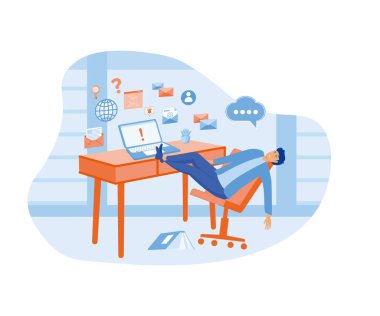 Giriş aşırı yüklendi. Bilgi aşırı yükleme kavramı. Dizüstü bilgisayardan gelen bilginin baskısı altında sandalyeden düşen genç manşetler. düz vektör modern illüstrasyon