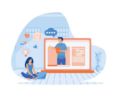 E-öğrenme afişi. Çevrimiçi eğitim, evde eğitim. Modern işyeri, dizüstü bilgisayarda erkek öğretmen, çevrimiçi kurs izleyen kadın. düz vektör modern illüstrasyon