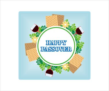 Paskalya tebrik kartı, poster, davetiye, broşür. Matza ve bahar çiçekleriyle tasarım için Pesach şablonu. Mutlu Paskalya yazıları. Düz vektör modern resimleme