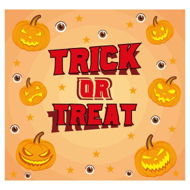 Şeker mi şaka mı? Bir grup Jack O Lantern balkabağı eğlenceli ya da hileli parti arka plan tasarımı üzerinde. düz vektör modern illüstrasyon