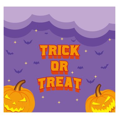 Cadılar Bayramı bayrağınız kutlu olsun ya da bulutlu, yarasalı ve balkabaklı parti davetiyesi. Gökyüzünde dolunay ve yıldızlar. düz vektör modern illüstrasyon