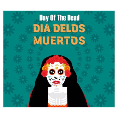 Ölüler günü, kadife çiçekli şeker kafatası. Düz vektör modern resimleme