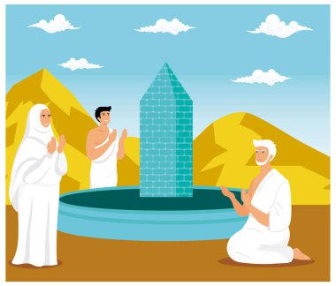 Mabrur Hac Kutlaması 'nda Müslümanlar. düz vektör modern illüstrasyon