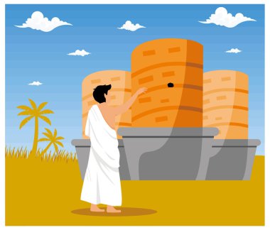 Hacca kadar umreden yararlanmak. Müslüman hacılar şeytanın direğine ya da Jamarat duvarına taş atıyorlar. düz vektör modern illüstrasyon