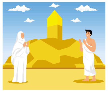 Hacca gelenlere gelince, Arafat Dağı 'nda namaz kılın. Hac ibadeti, müslüman hacılar Arafat 'ta Kuran okuyup namaz kılmak. düz vektör modern illüstrasyon