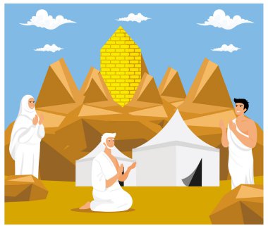 Müslümanlar, hacca kadar umre ile uğraştılar. düz vektör modern illüstrasyon