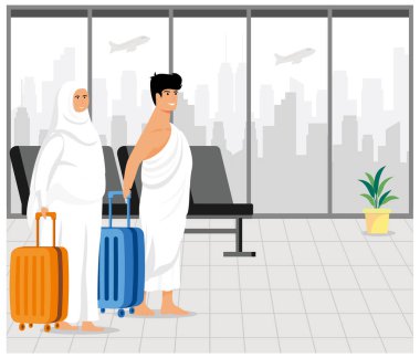 Hacca kadar umreden yararlanmak. Mekke 'deki havaalanına, hacı kıyafetli ve bavullu bir çift Müslüman geldi. düz vektör modern illüstrasyon