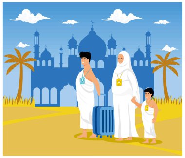 Hacca ya da umrah haccına gitmek için Hacı kıyafetli bir müslüman aile hacısı az önce Mekke 'ye geldi. düz vektör modern illüstrasyon