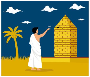 Jamaraat ve Hac Taşlayan Şeytan kavramı, Müslüman hacılar duvara taş atıyorlar. Müslüman dini festivali. düz vektör modern illüstrasyon