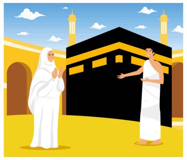 İslami Hac. Müslümanlar Hac 'a kadar ömre kıydılar. İhram giysileri giyen erkek ve dişi hacı figürleri. düz vektör modern illüstrasyon