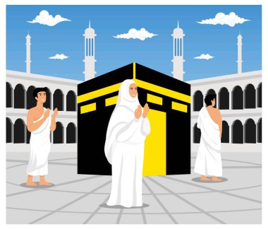 Tawaf Kabe 'nin etrafında yedi kez dolaşıyor. Hac ve umrah. düz vektör modern illüstrasyon