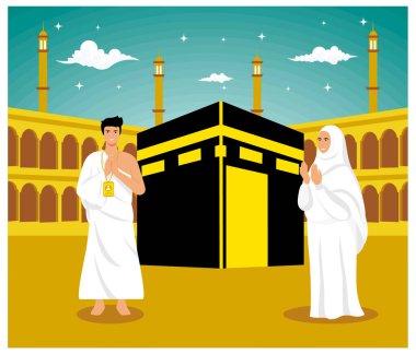 Kabe 'nin önünde namaz kılan Müslüman erkek ve kadın. düz vektör modern illüstrasyon
