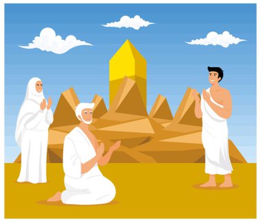 Müslümanların Wukuf 'taki hac yolculuğu, Arafah' ta dua etmek ya da sessiz kalmak anlamına geliyor. düz vektör modern illüstrasyon