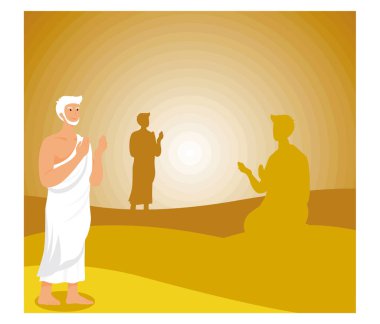Mü 'min olan adam haccı gerçekleştirir. Arafat 'taki Jabal Rahmah dağlarında dua ediyorum. düz vektör modern illüstrasyon