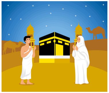 İslami hac ibadeti. Düz vektör modern resimleme