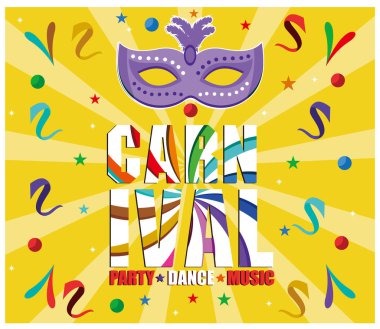 Karnaval partisi. Karnaval için tüylü geleneksel maske ve konfeti, mardi gras, festival, maskeli balo, geçit. Düz vektör modern illüstrasyon Düz vektör modern illüstrasyon