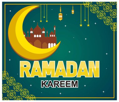 Hilal ay, cami silueti ve asılı fenerlerle Ramazan Kareem 'i kutluyoruz. Tebrik kartları, sosyal medya ve şenlikli promosyonlar için mükemmel. Düz vektör modern resimleme