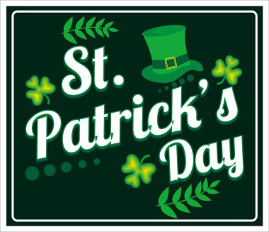 Geleneksel İrlanda sembolleri ve kutlamaları temsil eden yonca ve yeşil silindir şapkalı Aziz Patrick Günü grafikleri. Düz vektör modern resimleme