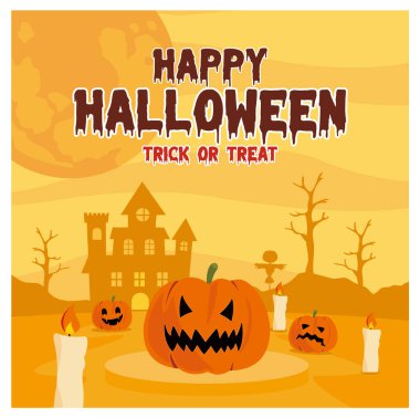 Canlı bir Cadılar Bayramı 'nda oyulmuş balkabakları ve perili bir ev. Mumlar sahneyi aydınlatıyor, ürkütücü bir atmosfer yaratıyor, mükemmel. Düz vektör modern resimleme