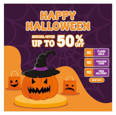 Ürkütücü bir balkabağı ve% 50 'ye varan indirimli indirimli Cadılar Bayramı posteri. Beleş teslimat ve fiş kodlarıyla hızlı satışları teşvik etmek için ideal. Düz vektör modern resimleme