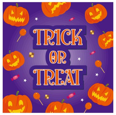 Canlı bir Cadılar Bayramı grafiği. İçinde balkabakları, şekerler ve mor bir arka planda 