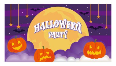 Canlı ve ürkütücü bir Cadılar Bayramı partisi davetiyesi. Parlayan balkabağı fenerleri, dolunay. Cadılar Bayramı kutlamaları için şenlikli ve ürkütücü bir ortam hazırlamak için mükemmel. Düz vektör modern resimleme