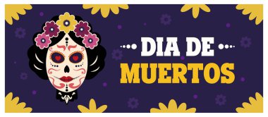Geleneksel şeker kafatası ve çiçek motifleriyle Dia de Muertos 'u kutluyoruz. Resim canlı bir şekilde Meksika Ölüler Günü 'nün renkli ve şenlikli ruhunu yansıtıyor. Düz vektör modern resimleme