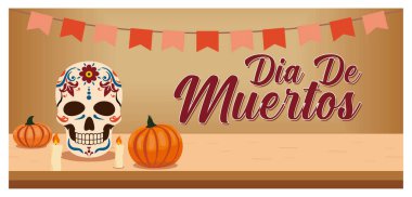 Canlı Dia de Muertos tasarımı dekoratif bir kafatası, balkabağı ve mumlar içerir. Festivalin arka planı, bu yaşam ve hatıra kutlamasına geleneksel bir dokunuş katıyor. Düz vektör modern resimleme