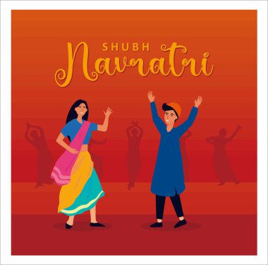 İnsanlar Navratri 'yi geleneksel dansla kutluyor. Kültürel şenliklerin canlı bir tasviri. Renkli ve neşeli atmosferi olan Hint festivalleri ve gelenekleri için mükemmel. Düz vektör modern resimleme