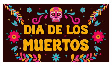 Canlı Dia de los Muertos tasarımı renkli çiçek desenleri ve dekoratif kafatası içeriyor. Meksika Ölüler Günü 'nü karanlık bir arka planda neşeli ve neşeli bir görüntüyle kutluyoruz. Düz vektör modern resimleme