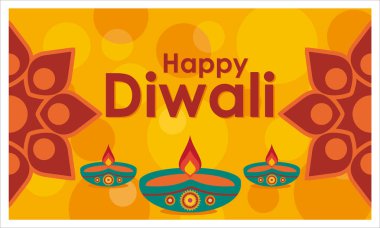 Geleneksel diyas ve dekoratif desenli Diwali tebrik kartı. Tasarım, Diwali neşesini paylaşmak için mükemmel elementler ve sıcak dileklerle şenlik ruhunu kutluyor. Düz vektör modern resimleme