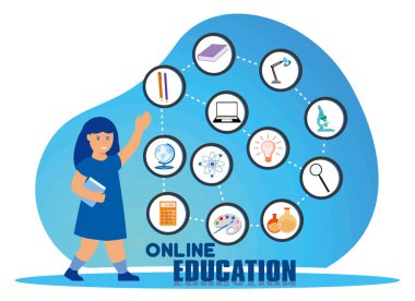 Çevrimiçi eğitim, dijital öğrenme araçları, konular ve bilgi ikonlarının yer aldığı, modern ve erişilebilir eğitim araçlarını vurgulayan. Düz vektör modern resimleme