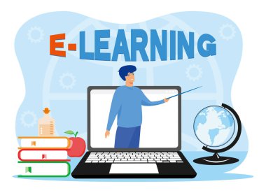 E- öğrenme, dizüstü bilgisayar ekranında bir öğretmen, kitaplar, bir dünya ve eğitim unsurları sunumu. Konsept çevrimiçi eğitim ve dijital öğretim araçlarını vurguluyor. Düz vektör modern resimleme