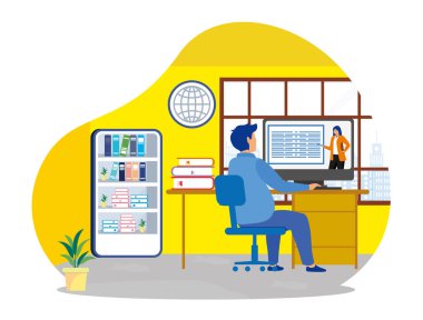 Geniş bir pencereden süzülen modern çalışma alanı, kitap rafları ve doğal ışıkla çevrimiçi bir toplantı oturumuna katılan ev ofisinden uzak bir işçinin tasviri. Düz vektör modern resimleme