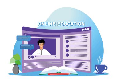 İnteraktif bir dijital platform, eğitim materyalleri ve etkileşimli bir sanal öğrenme ortamı içeren çevrimiçi eğitim. Düz vektör modern resimleme