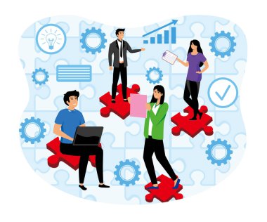 Çeşitli profesyoneller işbirliği yapıyor, takım çalışmasını ve problem çözmeyi sembolize ediyor. Yenilikçiliği, organizasyonu ve üretkenliği canlı bir görsel tasarımla temsil ediyor. Düz vektör modern resimleme