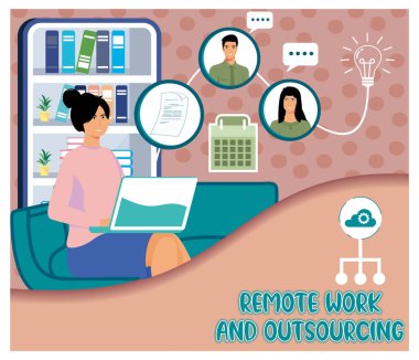 İletişim kanalları, görev yönetimi ve dijital düzen vasıtasıyla uzaktan takım çalışması. Bilgisayarlı bir kadının sanal bir iş yerinde bağlantıyı sembolize etmesi. Düz vektör modern resimleme