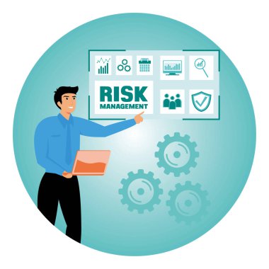 Risk yönetimi görüşlerini sunan işadamı, stratejiyi ve iş optimizasyonunu vurguladı. Düz vektör modern resimleme