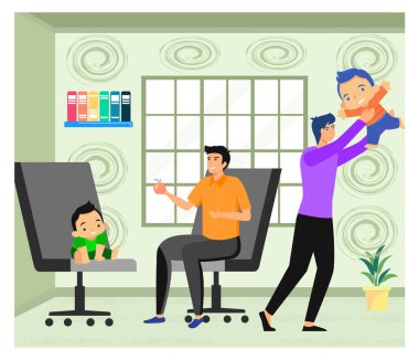 Parlak ve şık bir yaşam alanında, paylaşılan anların yer aldığı neşeli bir aile etkileşimi. Düz vektör modern resimleme