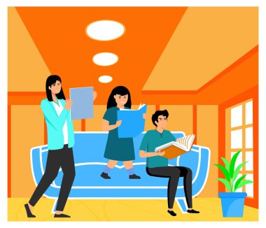 Modern, iyi aydınlatılmış bir oturma odasında üç kişi rahatlatıcı bir okuma seansının keyfini çıkarıyor. Düz vektör modern resimleme
