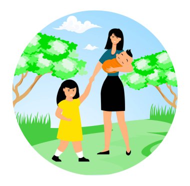 Anne bebeğini kucağında tutuyor ve kızıyla parkta yürüyor. Sahne sıcaklığı, aile bağlarını ve doğada zaman geçirmenin neşesini aktarıyor. Düz vektör modern resimleme